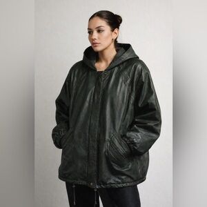 Vintage Sequence 100% Leather Hooded Jacket Green Textured Trim Oversized Coat